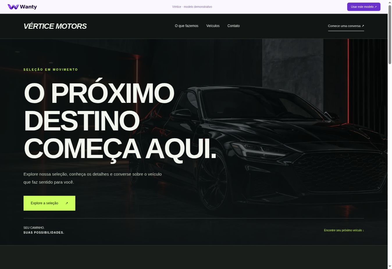 Layout Vértice: Capa cinematográfica, alto contraste e vitrine de veículos.